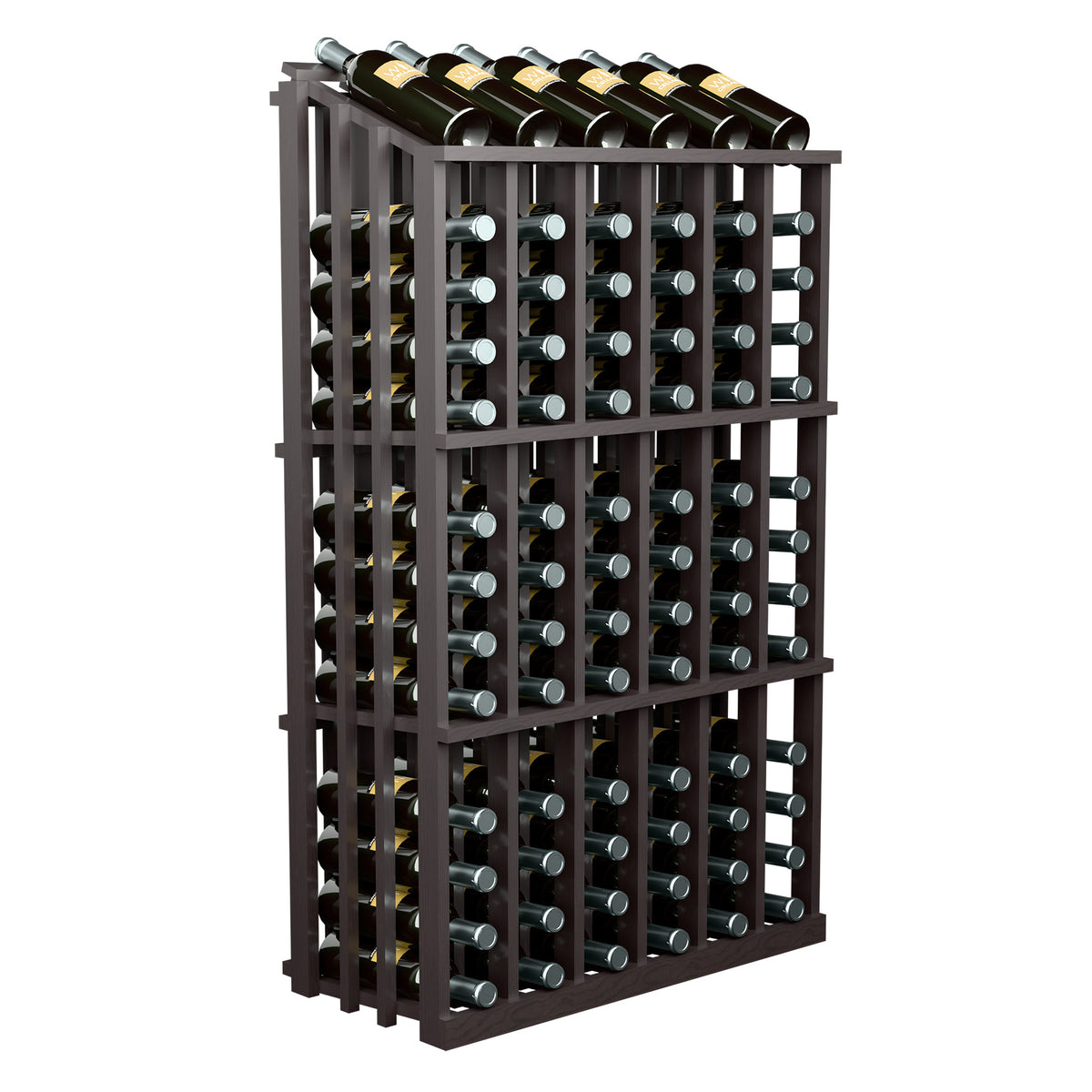 Wine bottle display rack with 78 bottle slots, dark wood frame and upright wine bottles