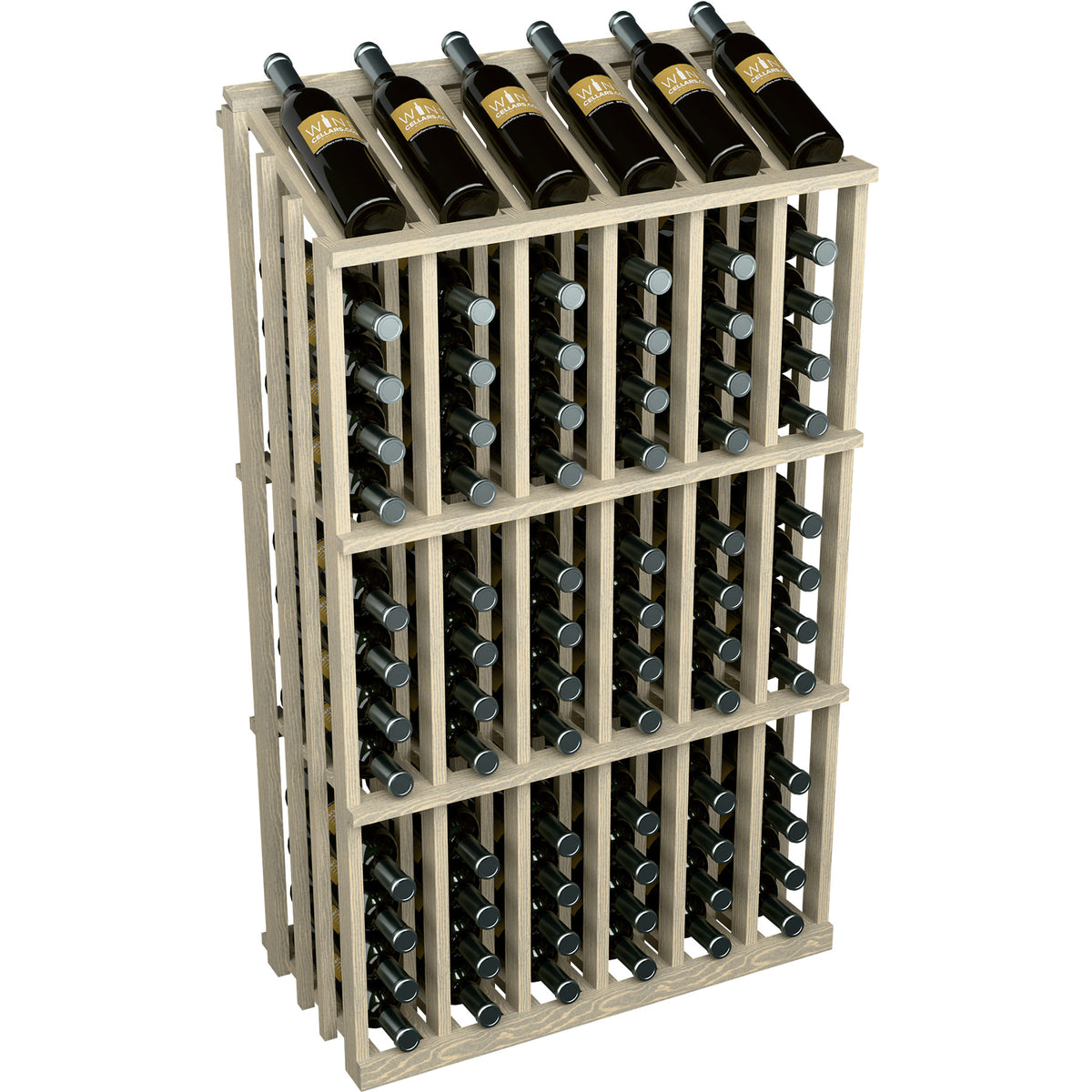 Wood wine bottle display rack for 78 bottles, whitewashed frame with bottle-neck openings