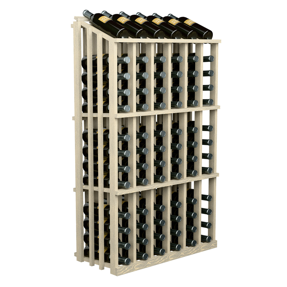 Natural wood wine bottle rack with 78 slots holding black bottles in rows