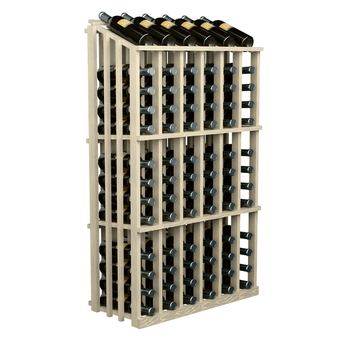 Wine bottle display rack for 78 bottles, light wood frame, angled view