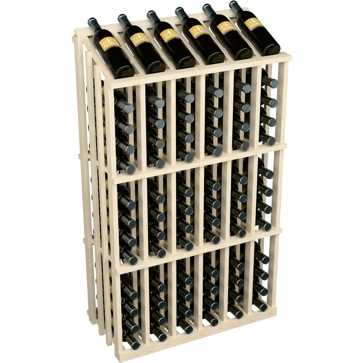 Wine bottle display rack with dark bottles in a whitewashed wood frame and crisscross shelves
