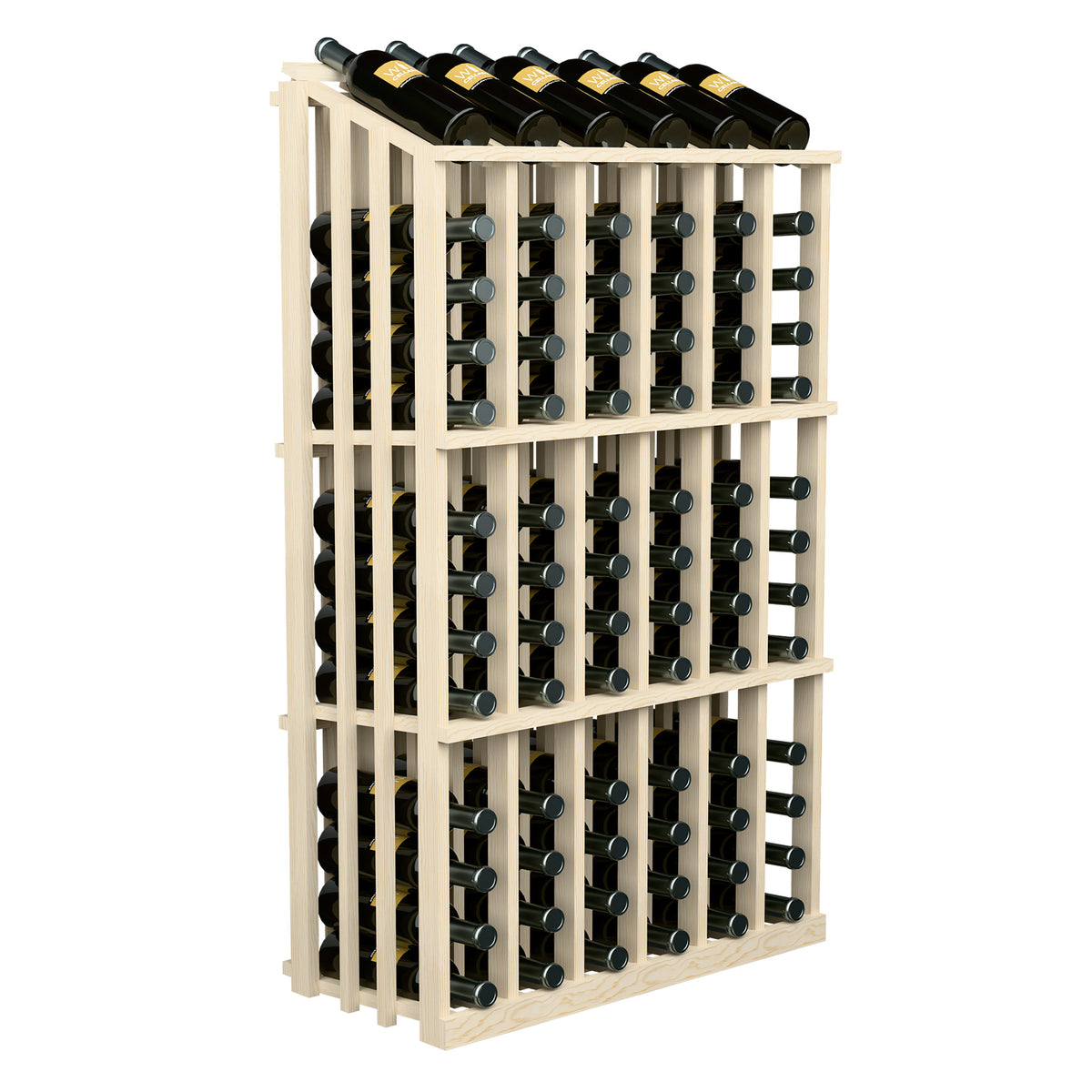 Light wood 78-bottle wine display rack with bottle slots and capped top bottles