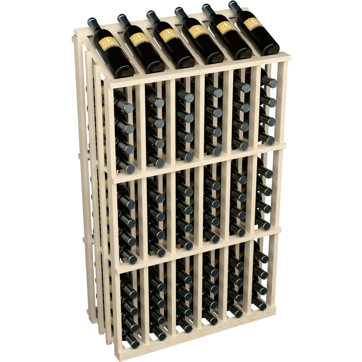 Wine bottle display rack for 78 bottles, light wood frame with black bottles