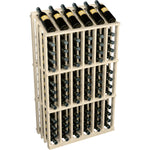Wine bottle display rack for 78 bottles, light wood frame with black bottles