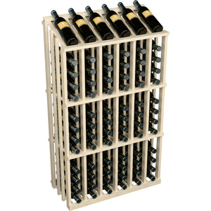 Wine bottle display rack for 78 bottles, light wood frame with black bottles
