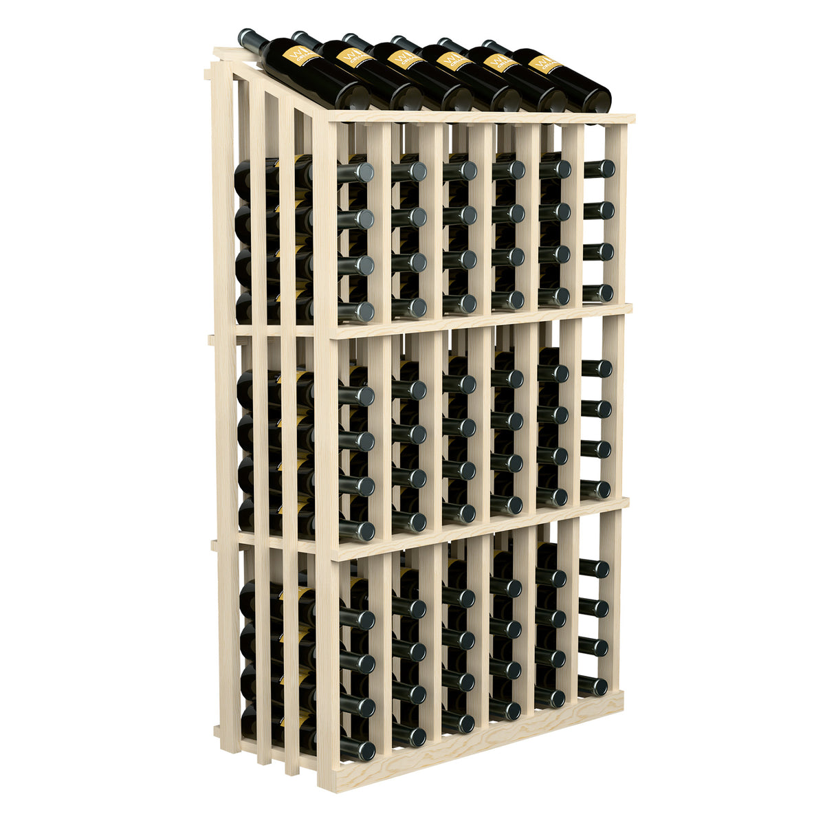 Wine bottle display rack for 78 bottles, light wood frame, front and side view