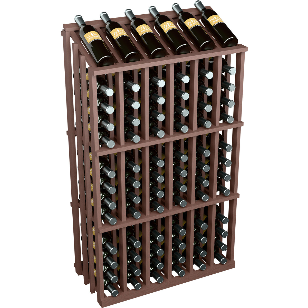 78-bottle wooden wine rack in reddish stain, angled front view with bottle rows.
