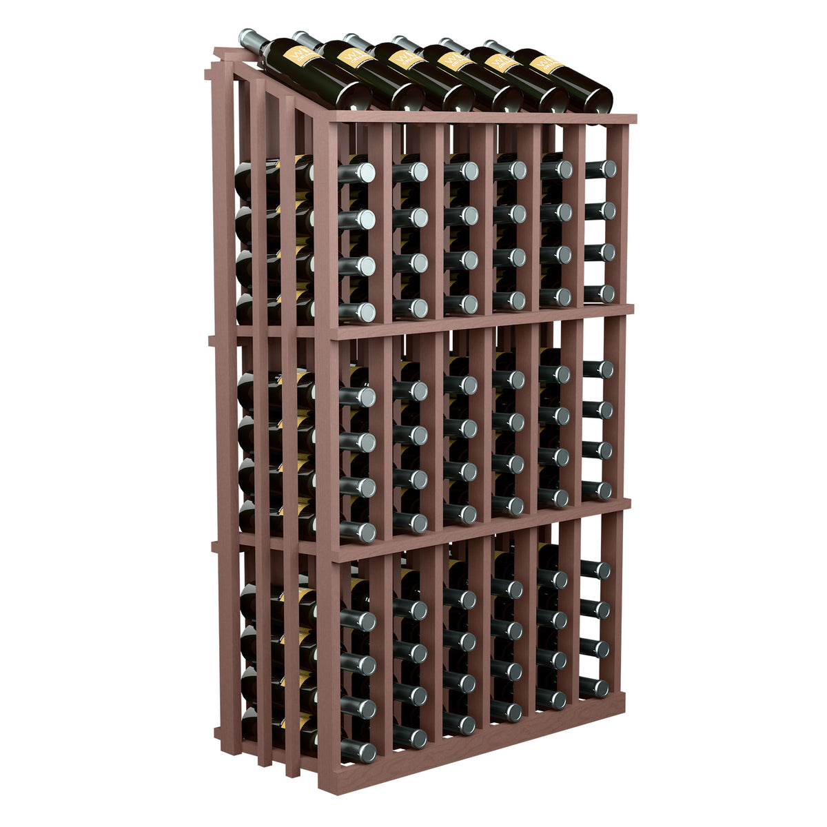 Brown wood 78-bottle wine display rack with bottle holders and angled front view