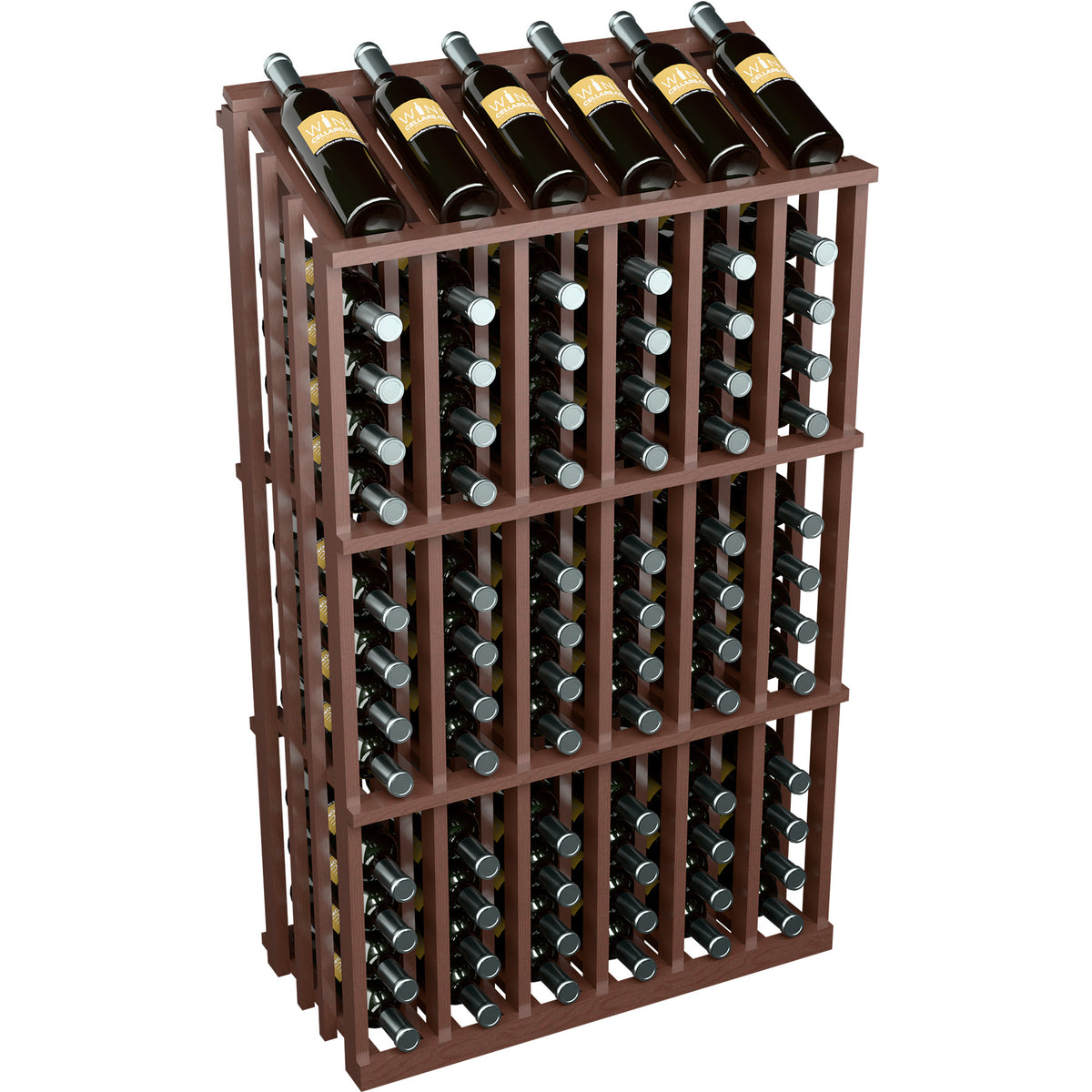 Wine bottle display rack for 78 bottles, dark red wood frame with black bottles
