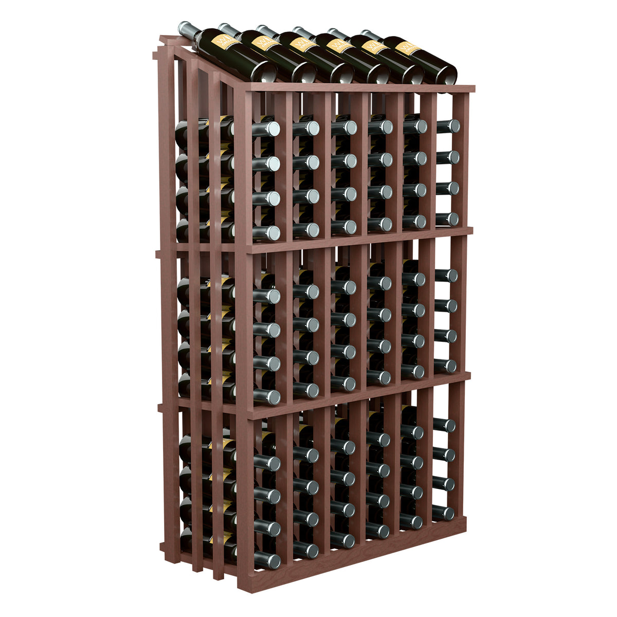 Wine bottle display rack for 78 bottles, dark red wood frame, angled view