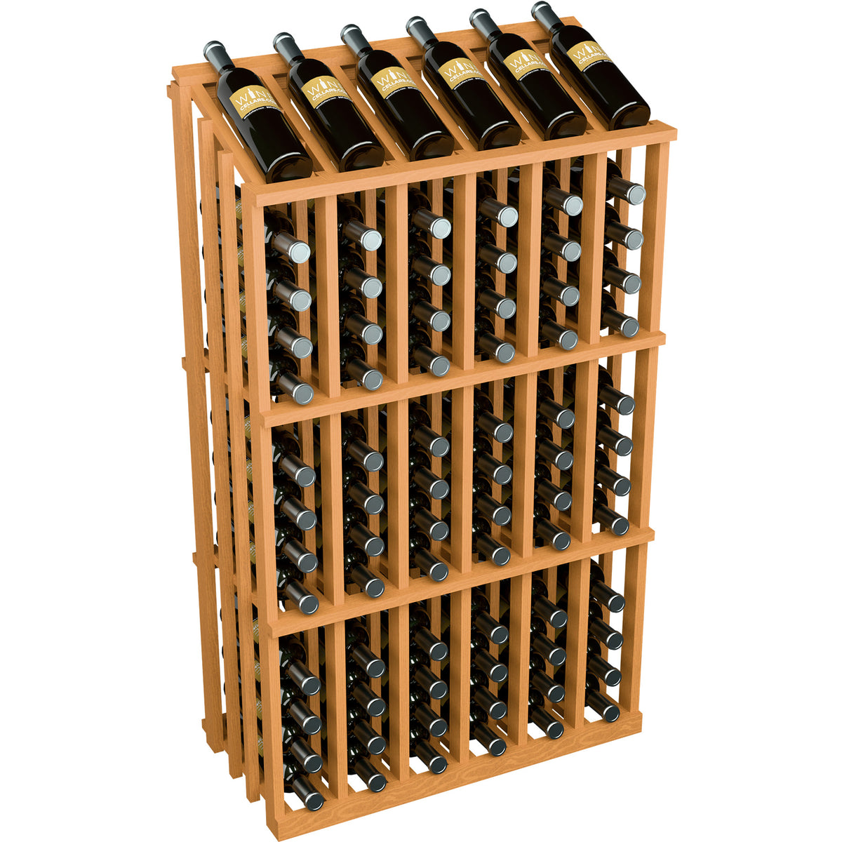 Wood wine bottle display rack for 78 bottles, golden wood frame with bottle-neck openings
