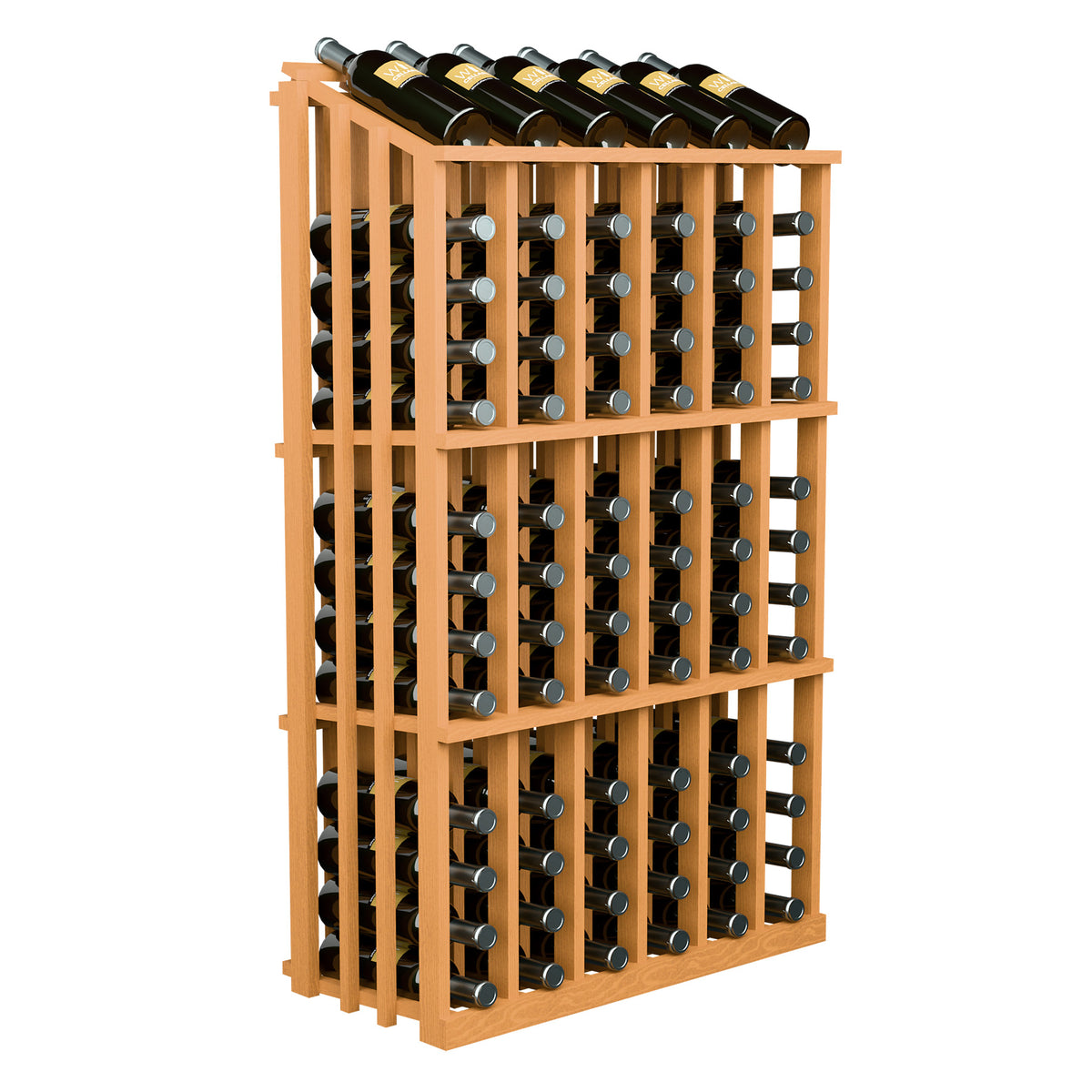 Wine bottle display rack with dark bottles in a natural wood frame, angled view of bottle holes