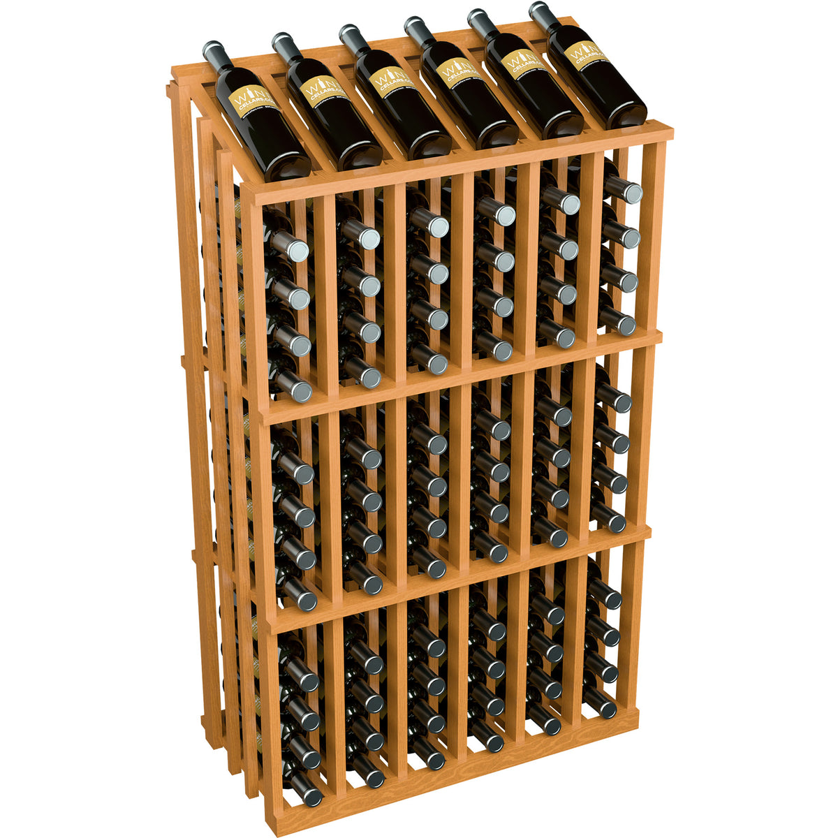 Wine bottle display rack for 78 bottles, natural wood frame with black bottles