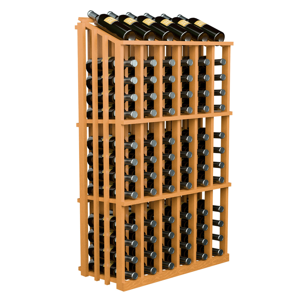 Wine bottle display rack for 78 bottles, natural wood frame, front and side view