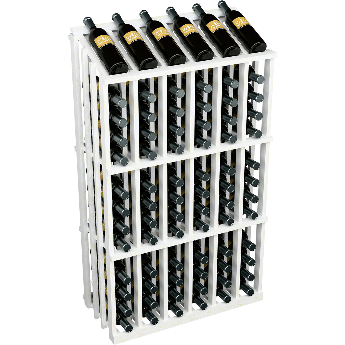 White wine bottle rack with 78 bottle slots and black bottles on upper shelf