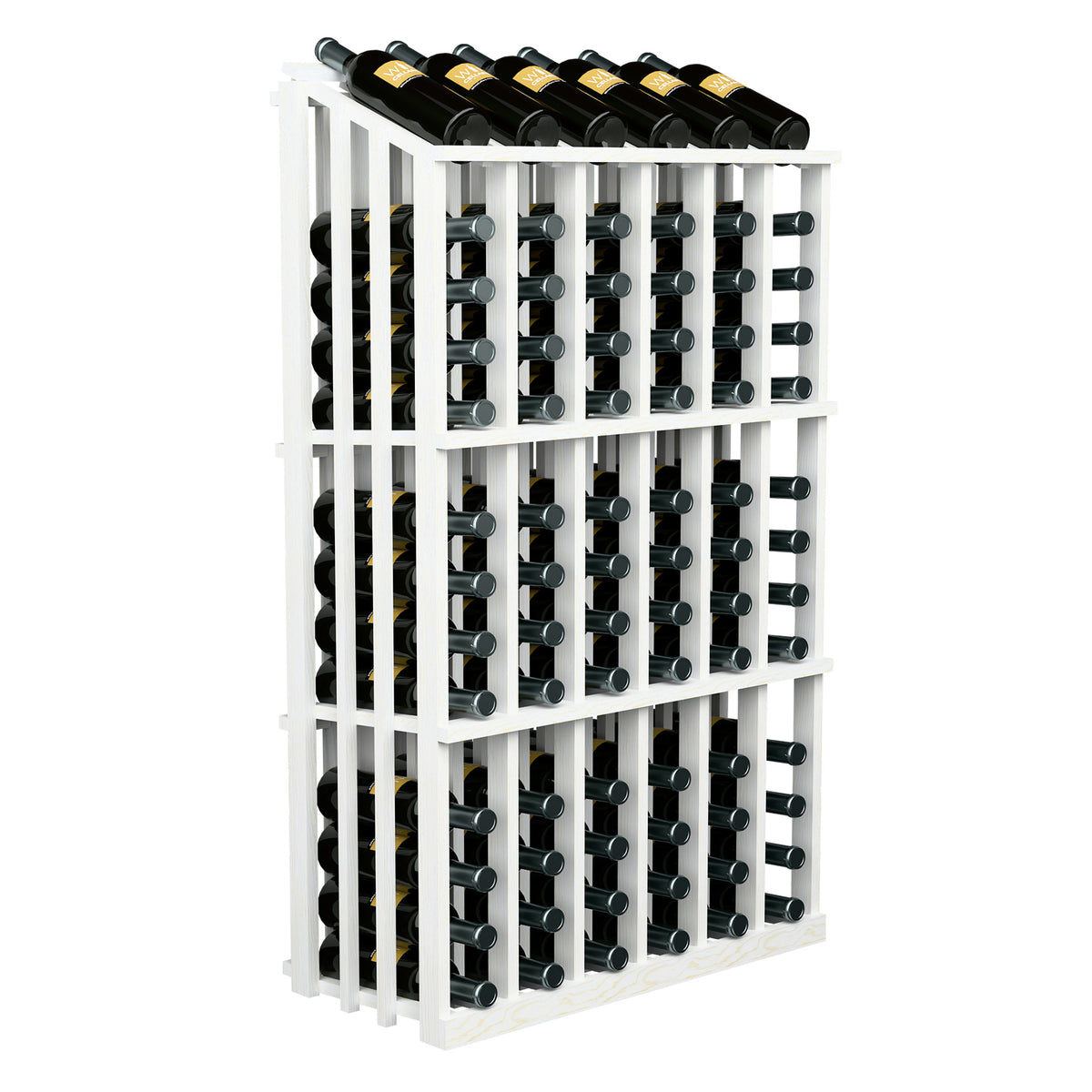 White wood wine display rack for 78 bottles with front bottle slots and top row