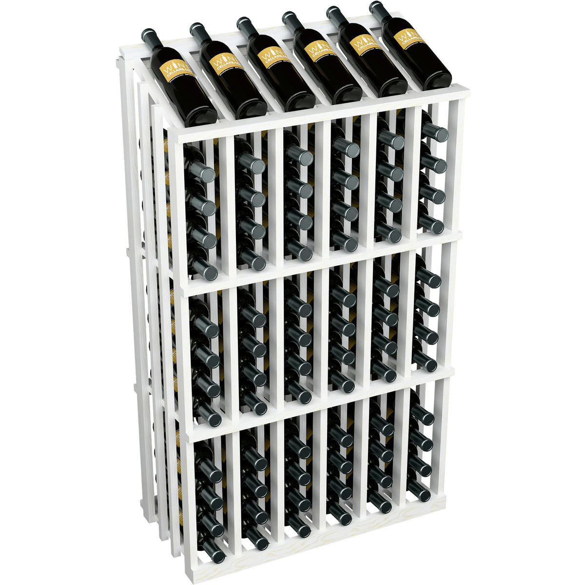 Wine bottle display rack for 78 bottles, white wood frame with black bottles