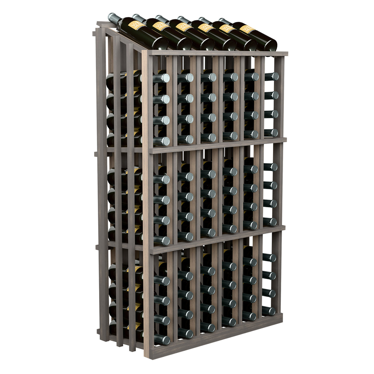 Wine bottle display rack with bottle holder grid and black bottles; gray-toned wood frame