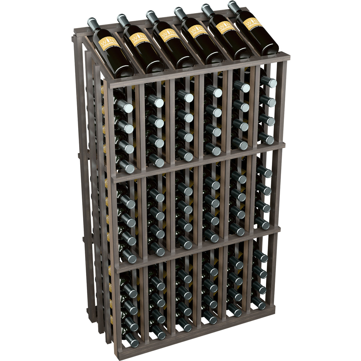 Dark wood wine bottle display rack with multiple bottle slots and crisscross supports
