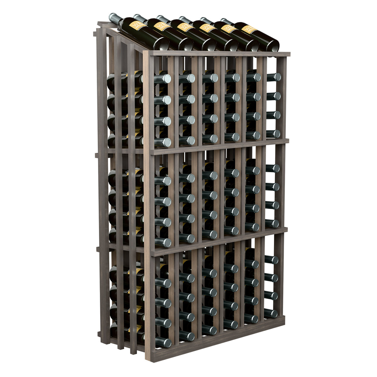 Grey wood wine bottle display rack with bottle slots in vertical rows and side frame
