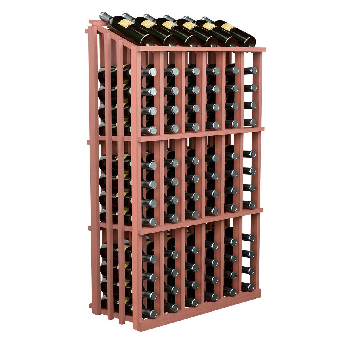 Brown wood 78-bottle wine display rack with glass bottle holes and top bottle row