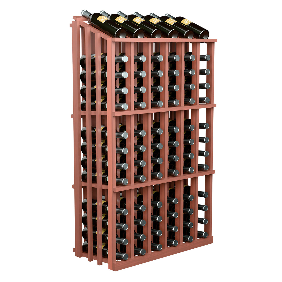 Red wood wine bottle display rack showing bottle slots through the front lattice