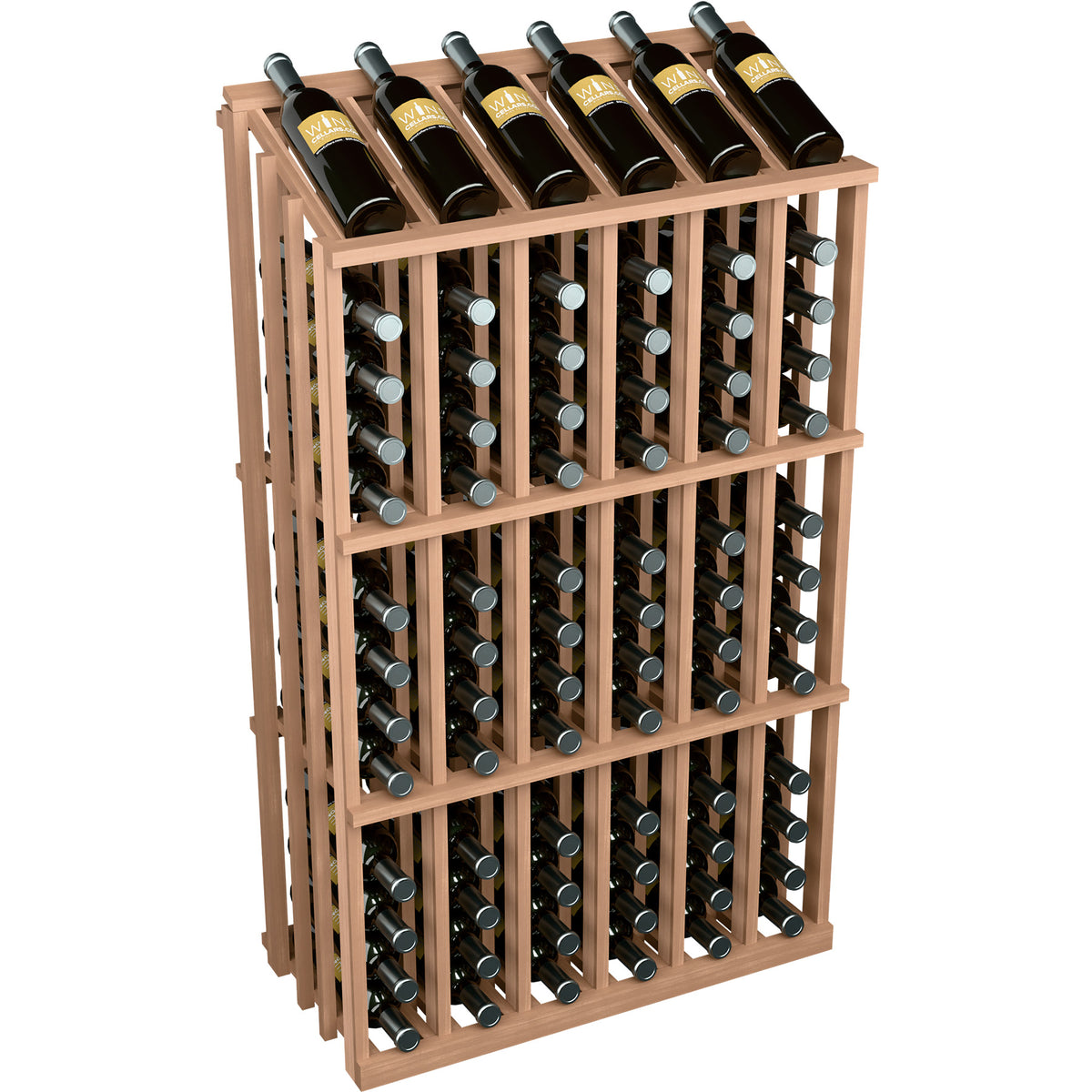 Wine bottle display rack with dark bottles in a light wood frame with slatted sides and rows