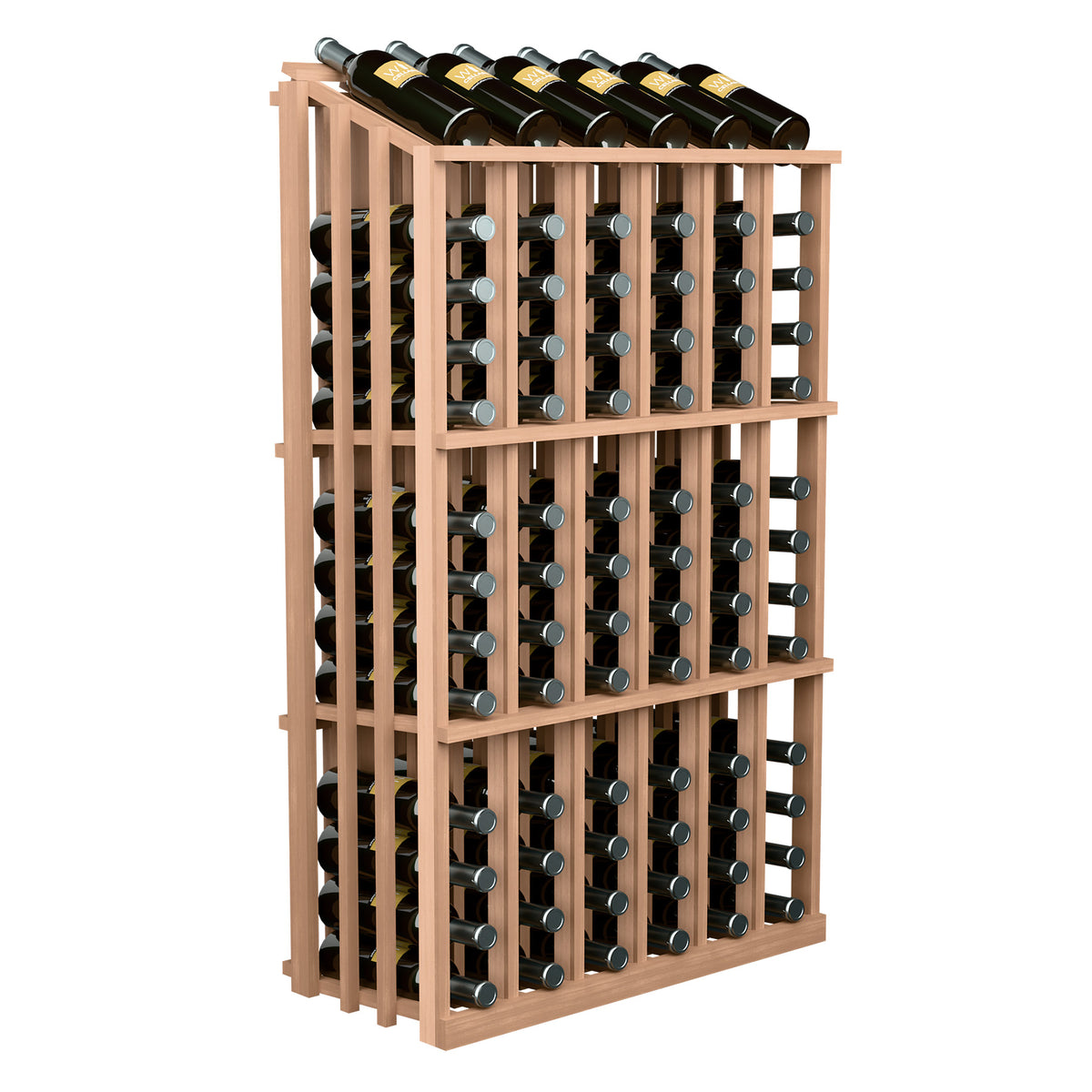 Natural wood 78-bottle wine display rack with bottle slots and top bottles