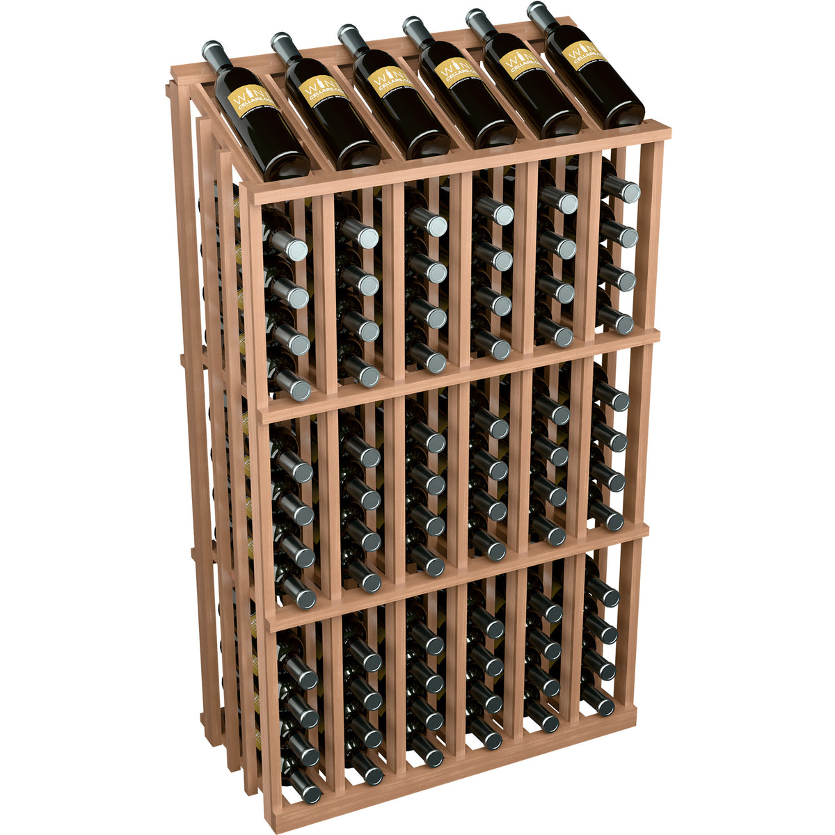 Light wood wine bottle display rack with multiple bottle slots and front vertical bars