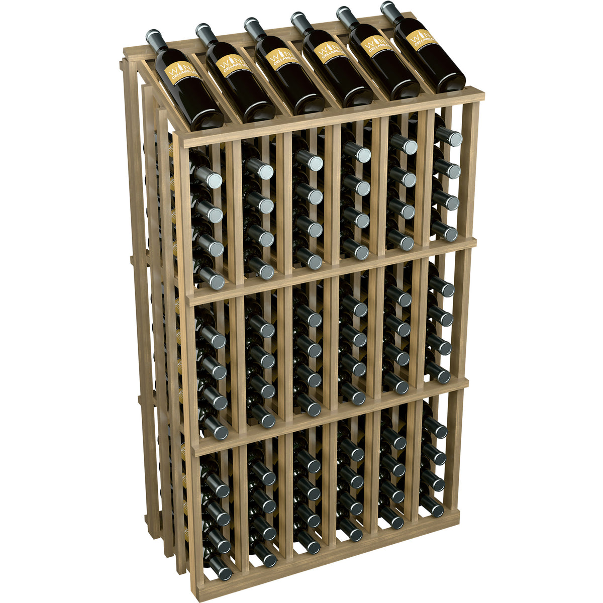 Light wood wine bottle display rack with bottle openings and open side lattice