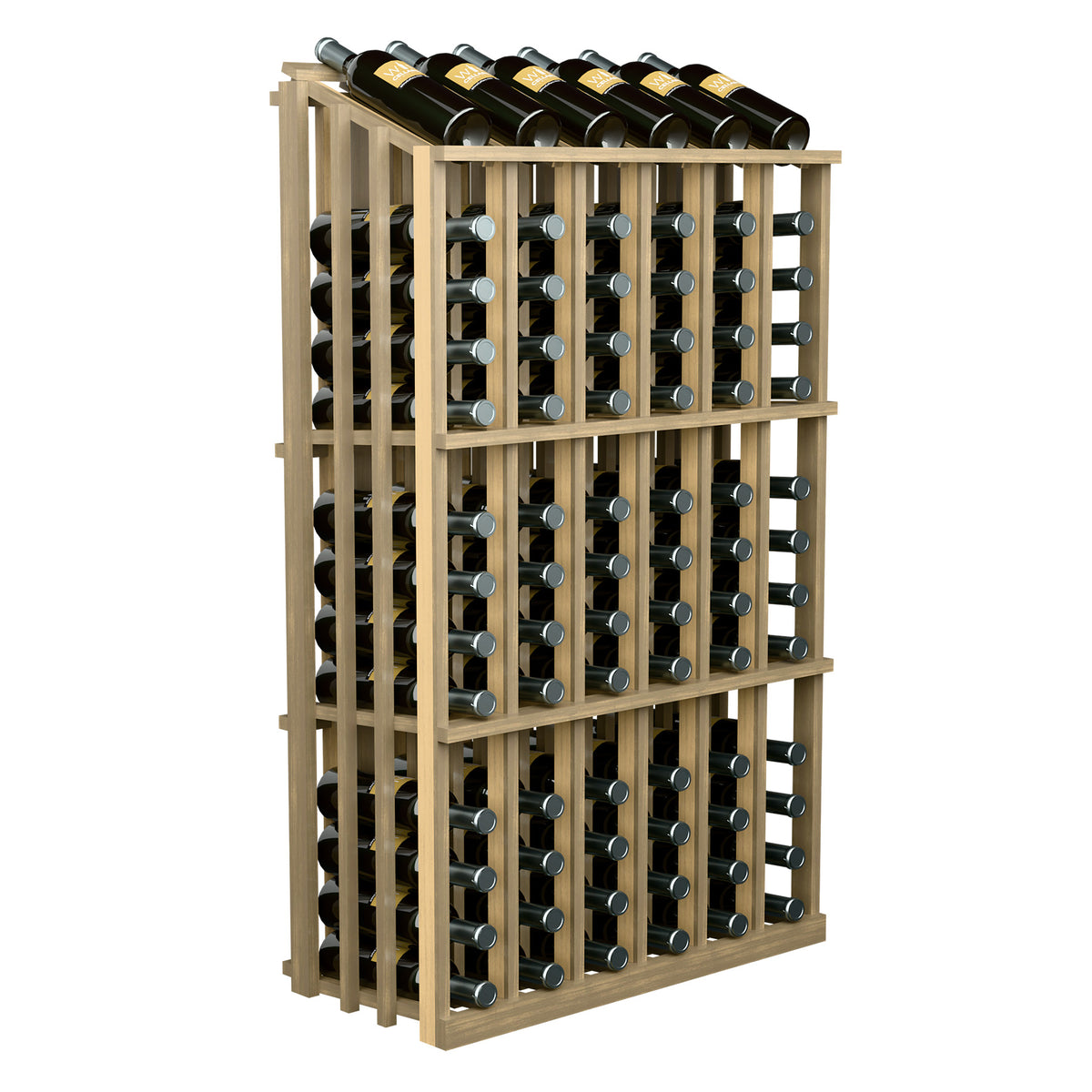 Very light wood wine bottle display rack with multiple bottle slots and front frame
