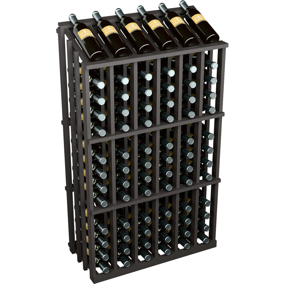 Black wine bottle display rack with bottle holder grid and black bottles; dark wood finish