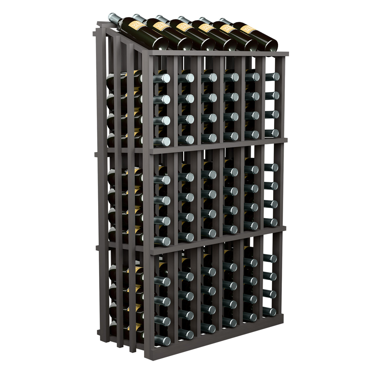 Wine bottle rack with rows of bottle slots and metal rings, dark stained wood frame