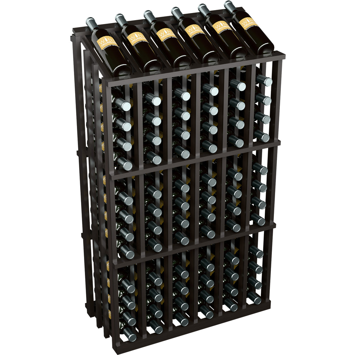 Black wood wine bottle display rack with multiple bottle slots and top bottles resting