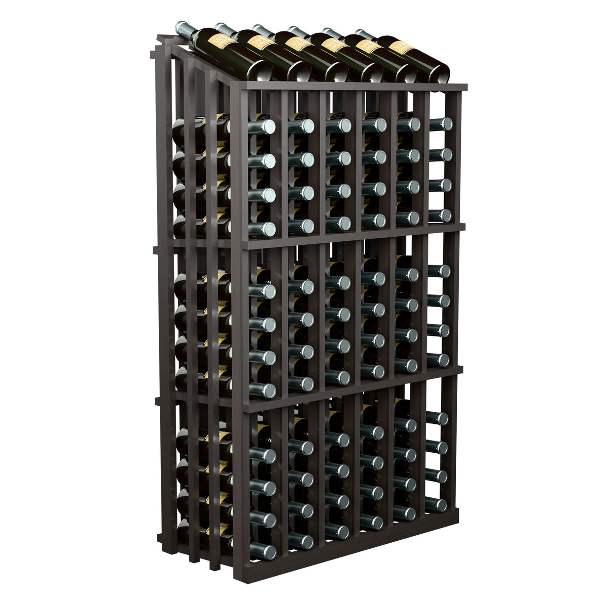 Dark wood wine bottle display rack with vertical bottle slots and open metal-free frame