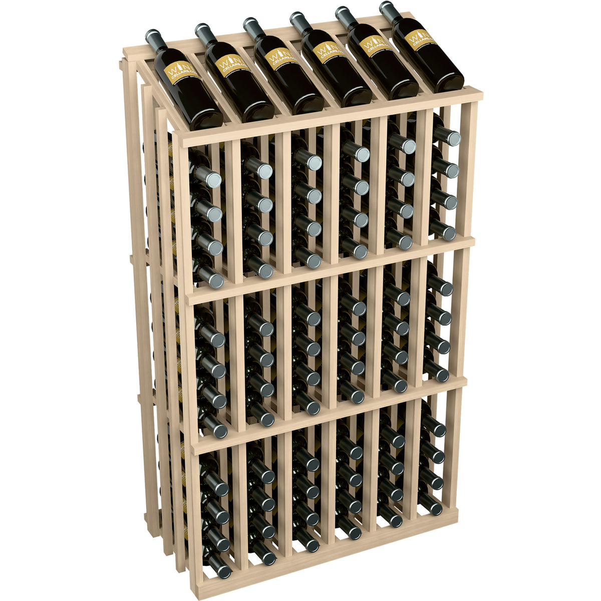 Wood wine bottle display rack for 78 bottles, light frame with bottle-neck openings