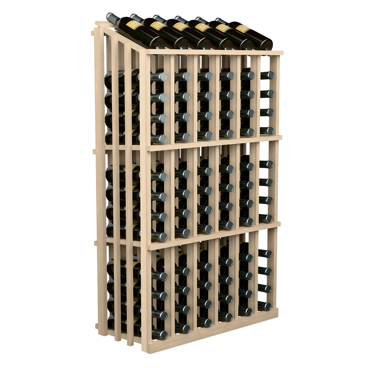 Wine bottle display rack with rows of bottle holders and dark wine bottles; light wood frame