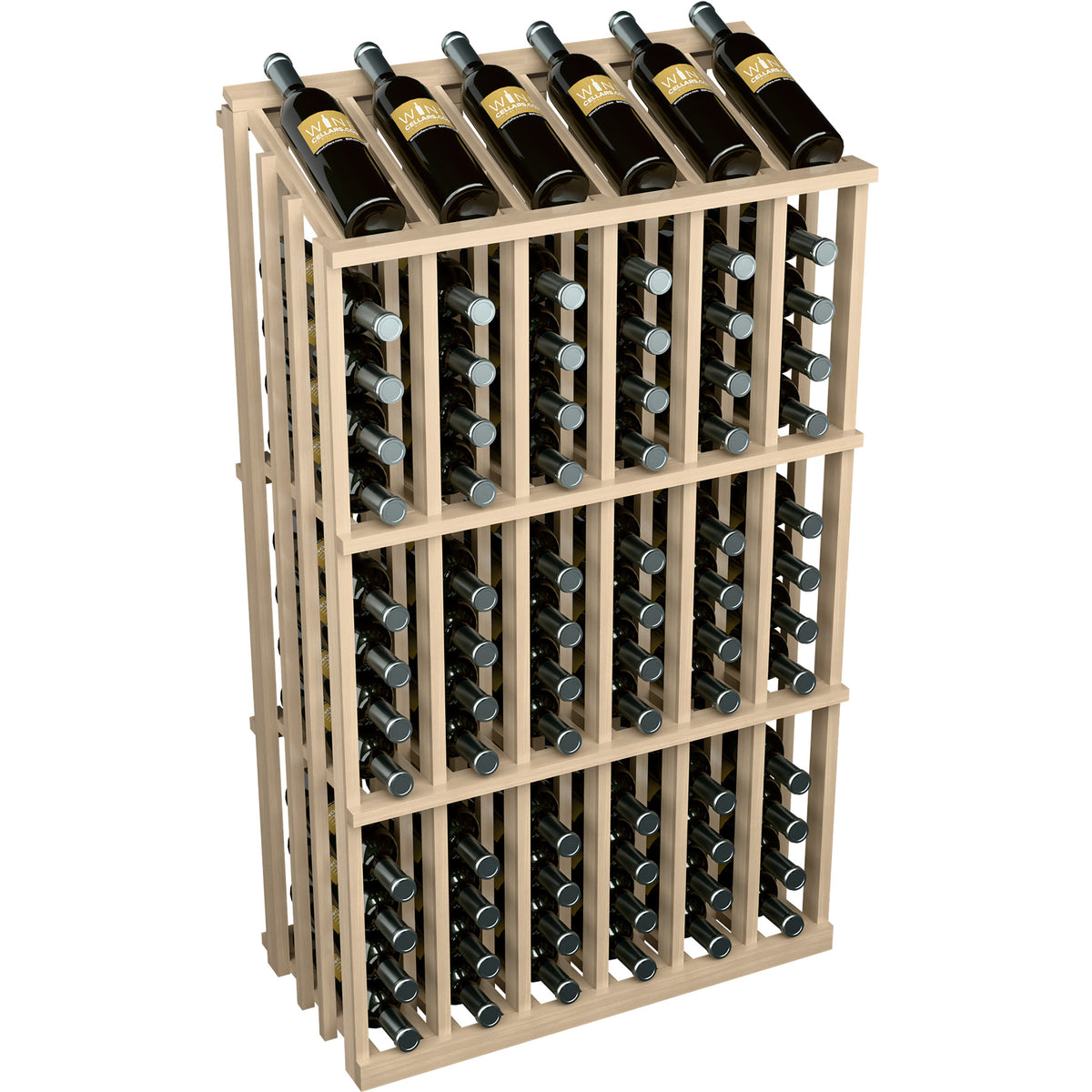 Wine bottle display rack with slotted frame holding wine bottles, light wood finish