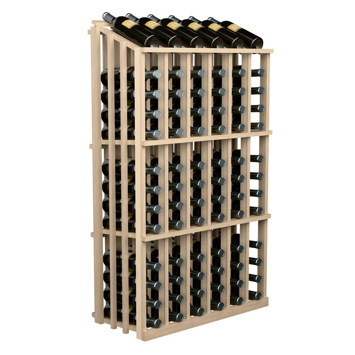 Wine bottle display rack with bottle slots holding wine bottles, light wood frame
