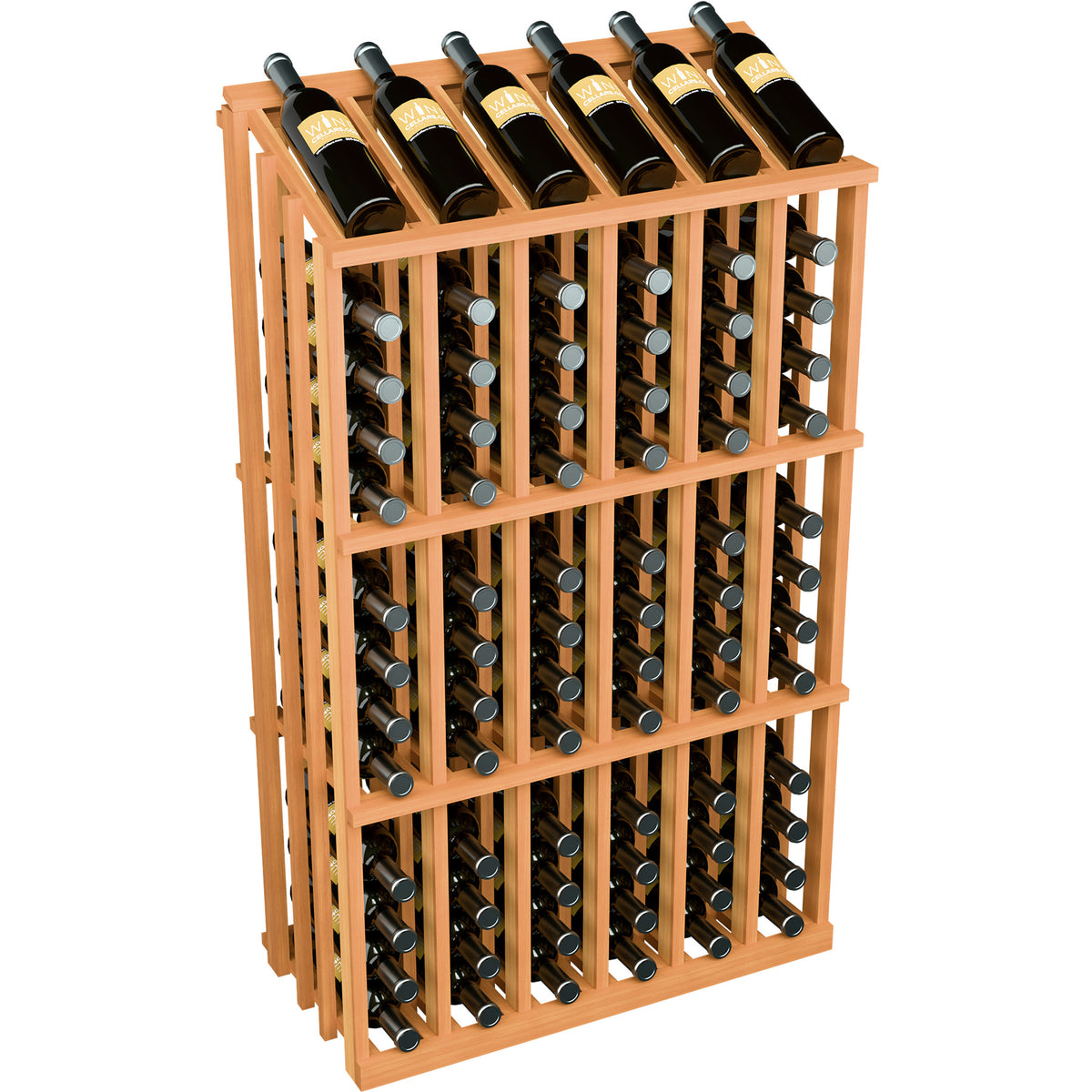 Wood wine bottle display rack for 78 bottles, orange-tan frame with bottle-neck openings