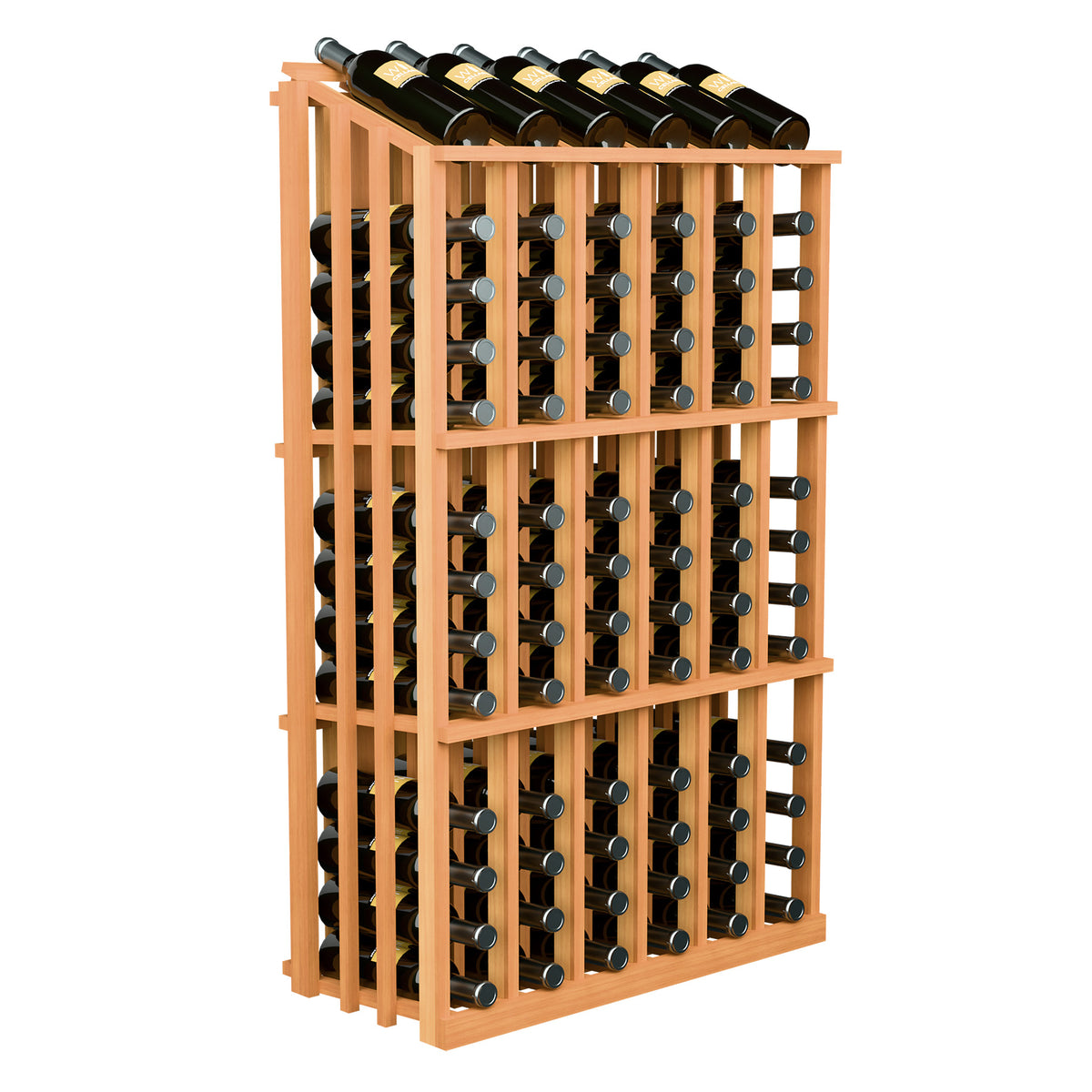 Warm light wood wine bottle rack with 78 holders for black bottles