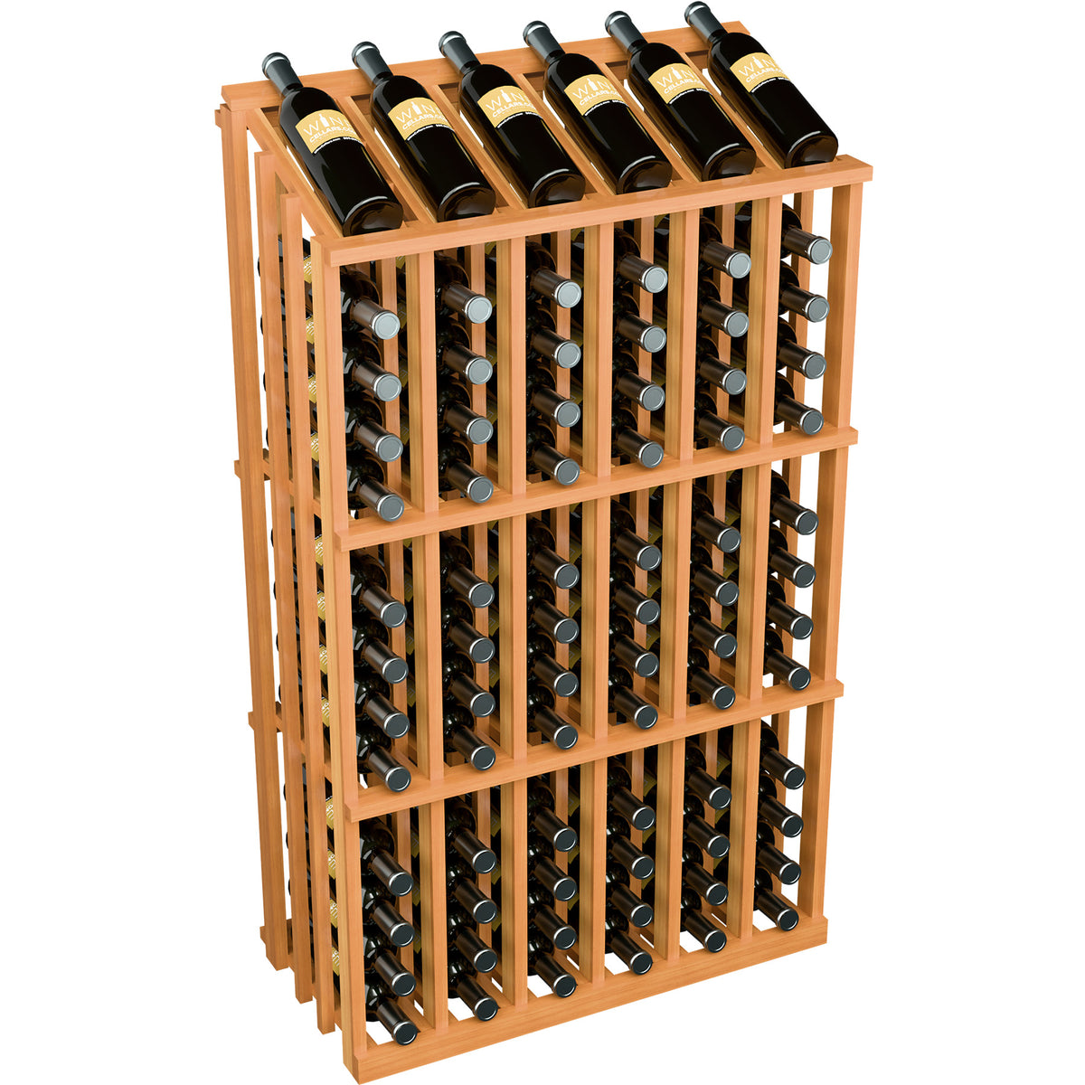 Wine bottle display rack with slotted frame holding wine bottles, warm wood finish