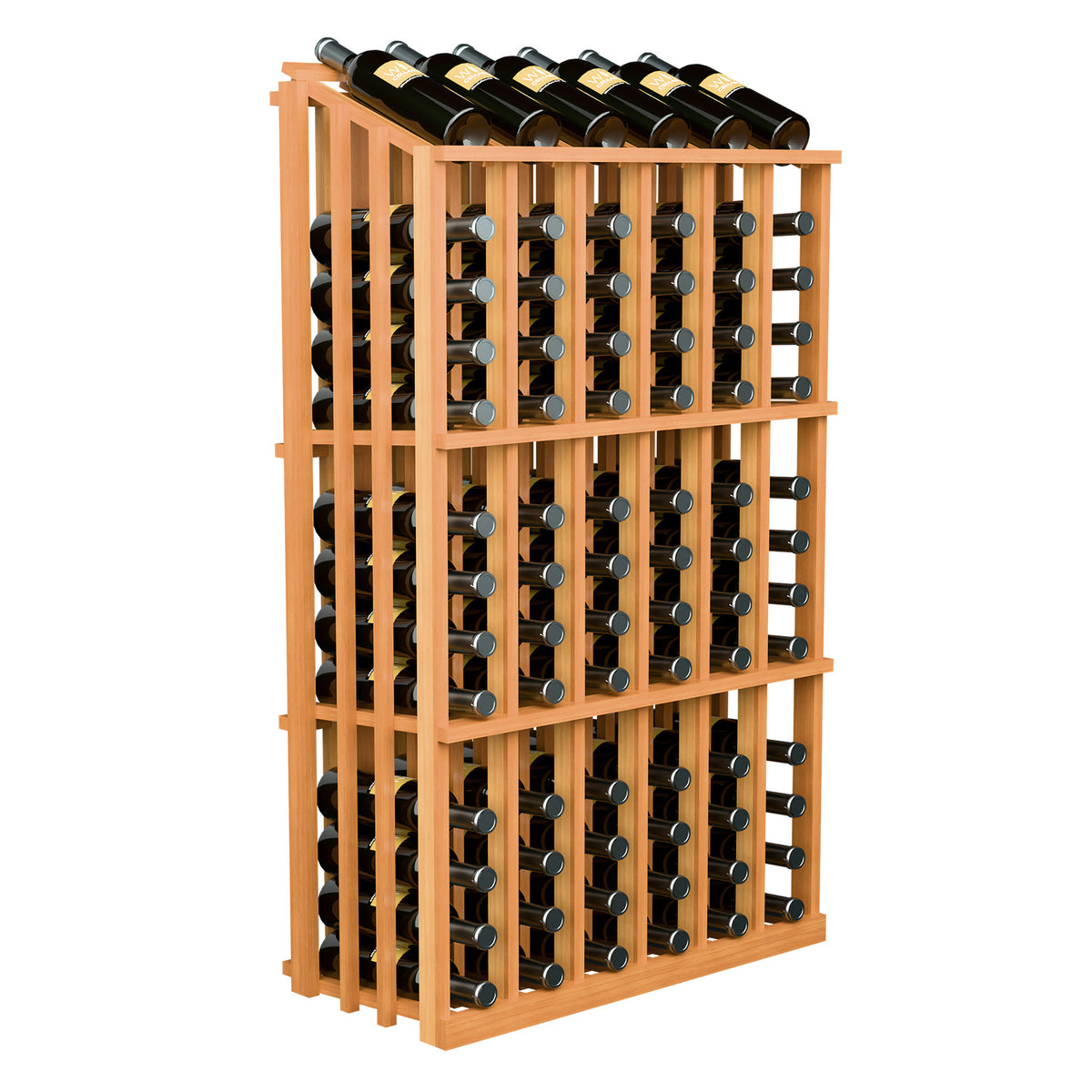 Wine bottle display rack with bottle slots holding wine bottles, warm wood frame