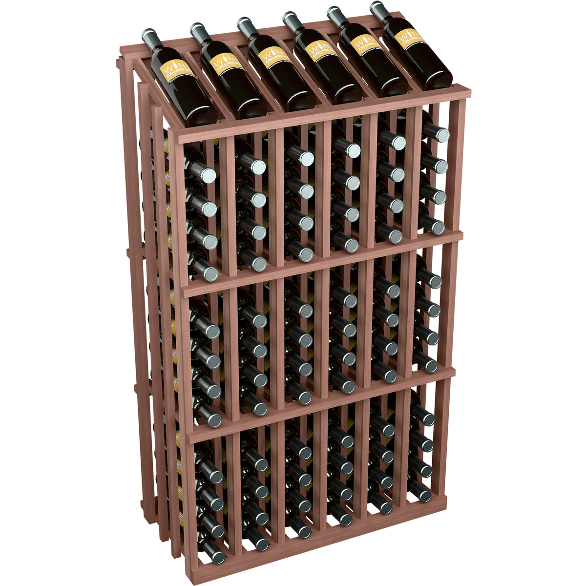 Wood wine bottle display rack for 78 bottles, reddish-brown frame with bottle-neck openings