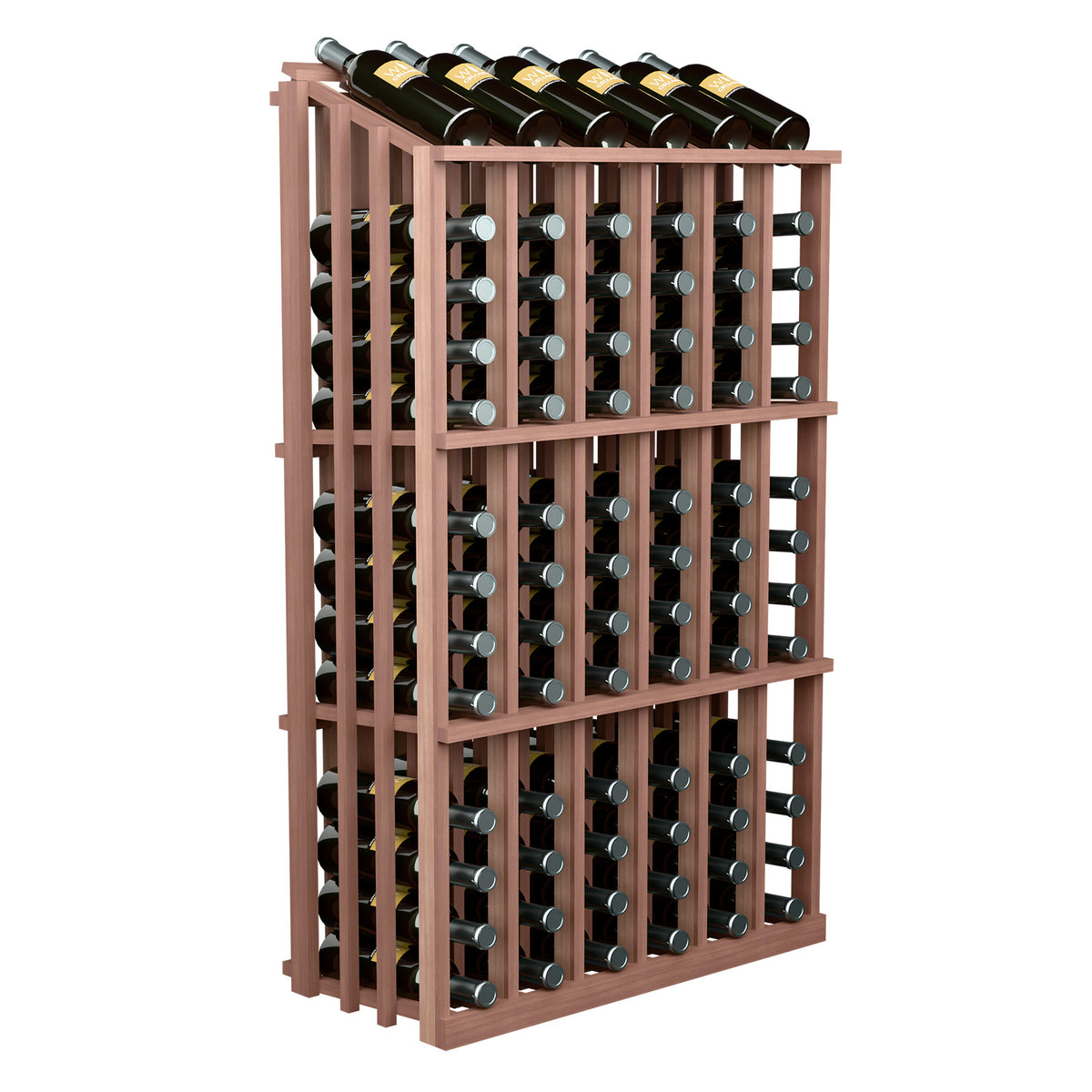 Wine bottle display rack with bottle holder grid and black bottles; brown wood frame