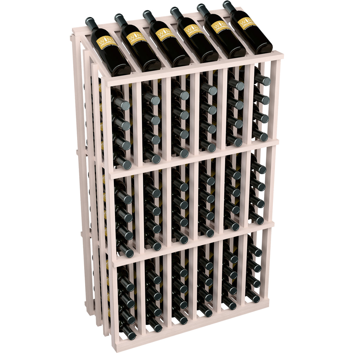 White wine bottle display rack with bottle holder grid and black bottles; front corner view
