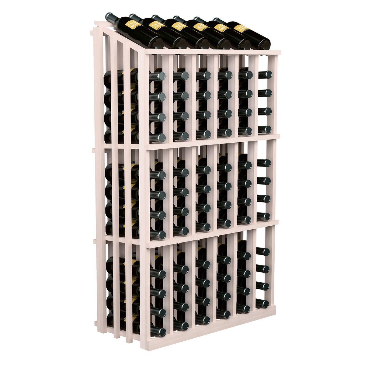 White wood 78-bottle wine display rack with glass bottle slots and top bottles
