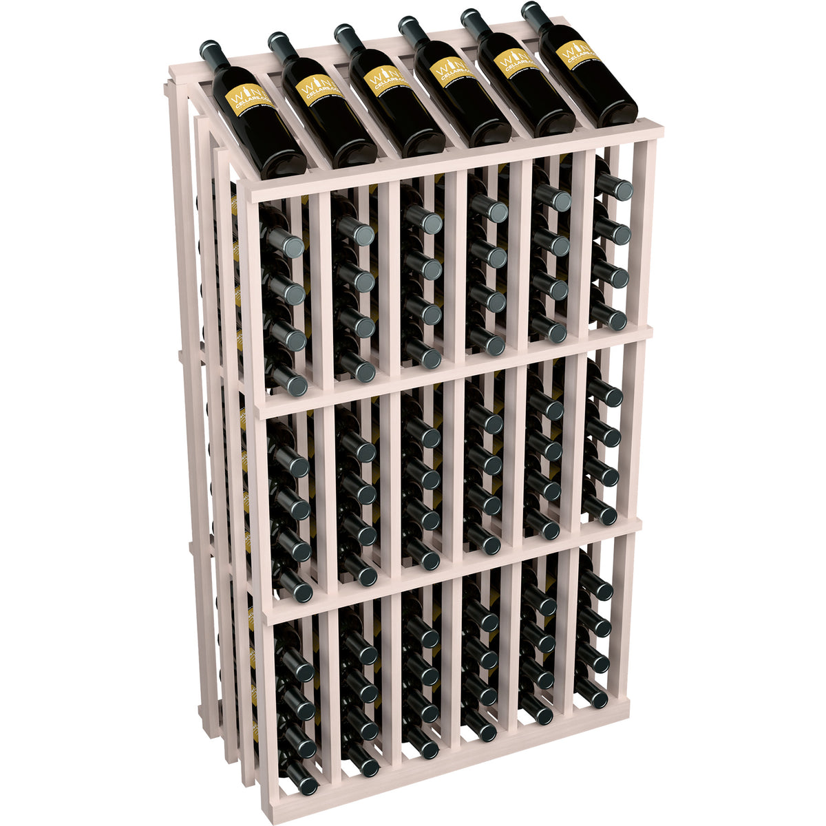 Wine bottle display rack with slotted frame holding wine bottles, white painted wood
