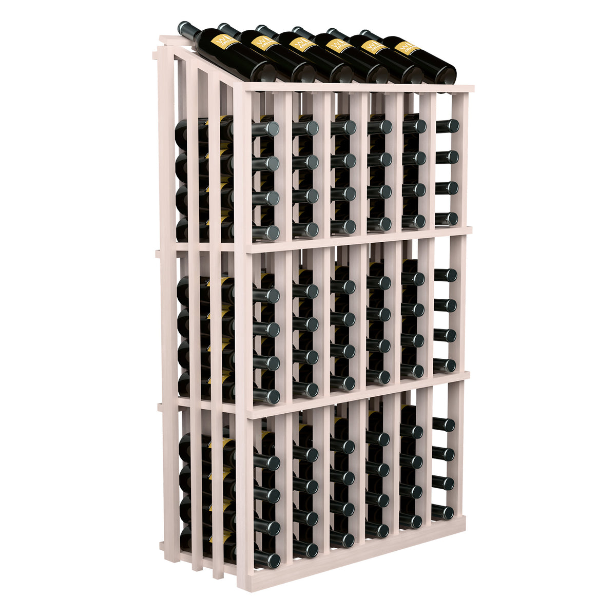 Wine bottle display rack with bottle slots holding wine bottles, white painted wood frame