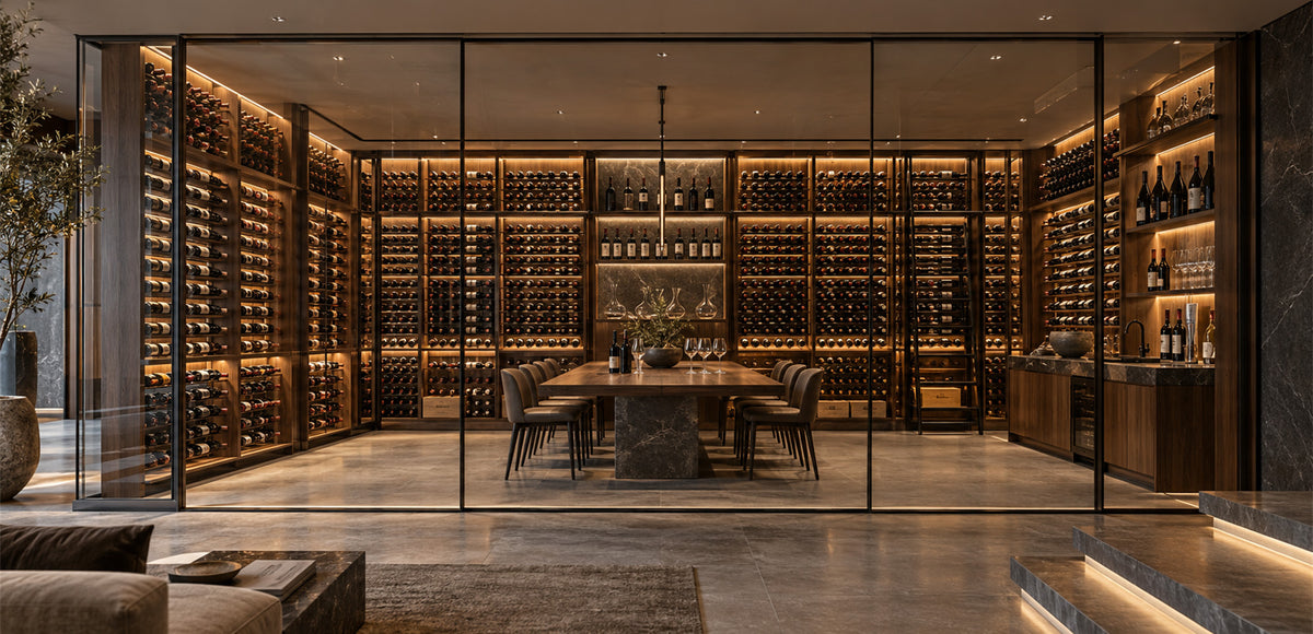 Custom wine cellar with illuminated wine storage